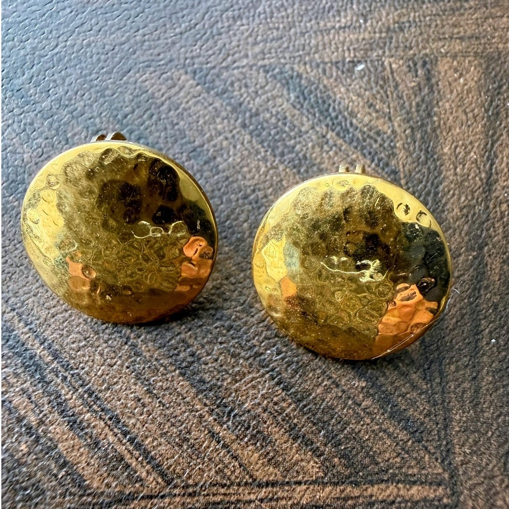 Monet Vintage Gold Tone Hammered Metal Round Button Clip On Earrings